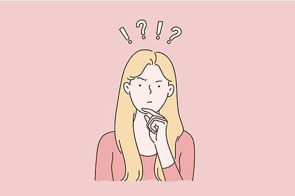 EPS 해외이미지 여자 감정 분홍색 일러스트 한명 성인 물음표 느낌표 호기심 성인여자한명만 해외일러스트 1 기호 컬러 컨셉 사람 여자한명만 성인여자만 파일형식 벡터 이미지허브