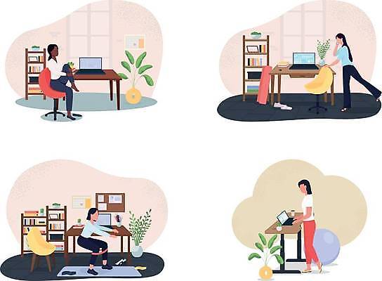 EPS 해외이미지 전신 여자 흑인 의자 일러스트 요가 직장 건강 앉기 여러명 성인 사무실 업무 비즈니스우먼 만화 책상 성인여자만 해외일러스트 서양인 웰빙 가구 다수 회사 비즈니스 모션 사람 작업 직장인 여자만 성인만 파일형식 벡터 이미지허브