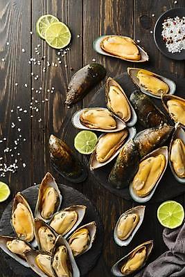 포토 JPG 해외이미지 사람없음 하이앵글 해산물 홍합 라임 굵은소금 해외포토 뷰포인트 과일 어패류 소금 파일형식 이미지허브