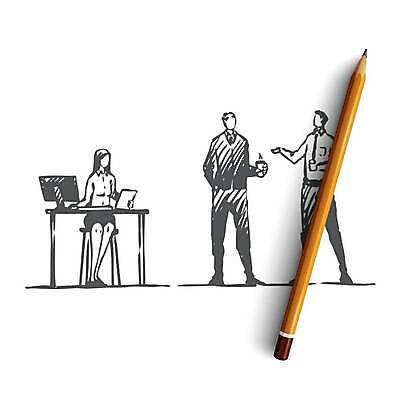 EPS 해외이미지 여자 남자 컨셉 일러스트 회사 비즈니스 탁자 서기 들기 앉기 성인 노트북 모니터 비즈니스맨 비즈니스우먼 토론 스케치 책상 동료 손그림 테이크아웃컵 얼굴없음 성인만 브레인스토밍 해외일러스트 가구 관계 모션 미술 사람 컵 전자제품 컴퓨터 직장인 파일형식 벡터 이미지허브