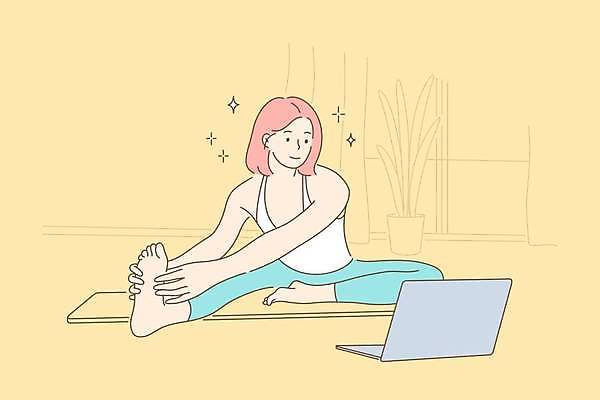 EPS 해외이미지 여자 일러스트 요가 한명 성인 노트북 반짝임 운동복 건강관리 스트레칭 매트 성인여자한명만 해외일러스트 1 웰빙 옷 모션 건강 관리 사람 전자제품 운동 여자한명만 성인여자만 파일형식 벡터 이미지허브