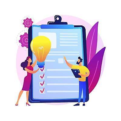 EPS 해외이미지 여자 남자 일러스트 비즈니스 전구 들기 성인 두명 태블릿 가리킴 계약 체크표시 서류판 성인만 해외일러스트 모션 사람 손짓 전자제품 스마트기기 사무용품 확인 파일형식 벡터 이미지허브