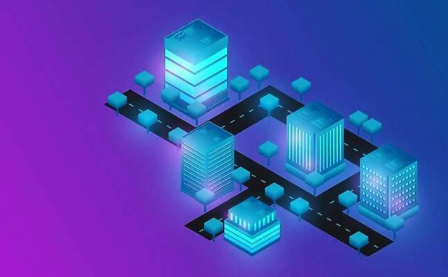 EPS 해외이미지 나무 도로 하늘색 일러스트 사람없음 건물 빛 3D 고층빌딩 도시 네온 스카이라인 해외일러스트 식물 건축물 길 교통시설 빌딩 파란색 디지털합성 파일형식 벡터 이미지허브