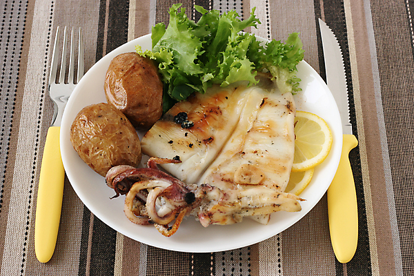 포토 JPG 해외이미지 접시 음식 포크 감자 건강 요리 사람없음 식사 저녁식사 샐러드 흰색 칼 맛 그릴 기름 상추 지중해 레몬 해산물 오징어 문어 점심식사 삶기 식초 해외포토 식기 바다 컬러 컨셉 채소 과일 주방용품 연체동물 수중동물 파일형식 이미지허브