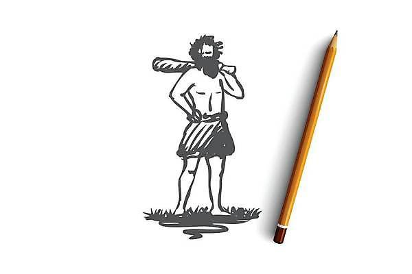 EPS 해외이미지 전신 남자 허리손 일러스트 한명 들기 사람 성인 스케치 손그림 원시인 선사시대 원시시대 몽둥이 얼굴없음 성인남자한명만 해외일러스트 1 포즈 모션 미술 역사 남자한명만 성인남자만 파일형식 벡터 이미지허브