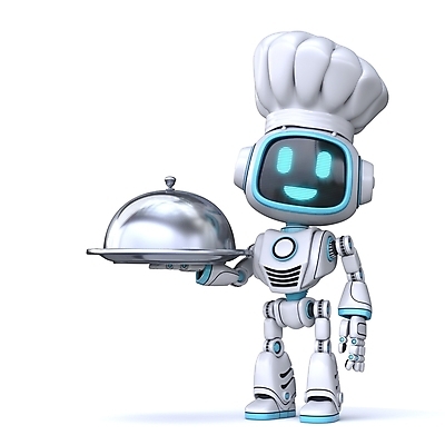 JPG 해외이미지 캐릭터 일러스트 요리사모자 들기 사람없음 3D 로봇 쟁반덮개 AI_인공지능 해외일러스트 일러캐릭터 모자_잡화 모션 요리사 덮개 디지털합성 파일형식 이미지허브