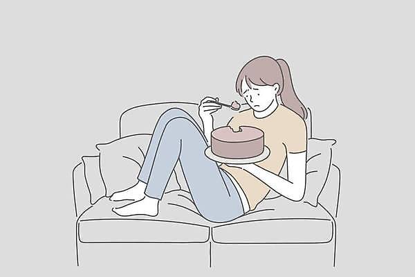 EPS 해외이미지 전신 여자 쿠션 일러스트 한명 들기 앉기 성인 소파 케이크 숟가락 회색 찡그림 먹기 식욕부진 식욕저하 우울증 성인여자한명만 해외일러스트 1 컬러 의자 모션 디저트 수저 표정 사람 질병 증상 여자한명만 성인여자만 파일형식 벡터 이미지허브