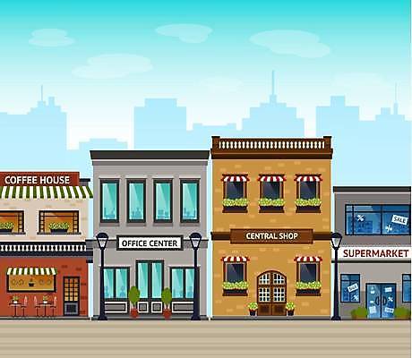 EPS 해외이미지 화분 가로등 일러스트 간판 사람없음 건물 세트 사무실 상점 카페 슈퍼마켓 오피스빌딩 해외일러스트 건축물 공공시설 비즈니스 빌딩 파일형식 벡터 이미지허브