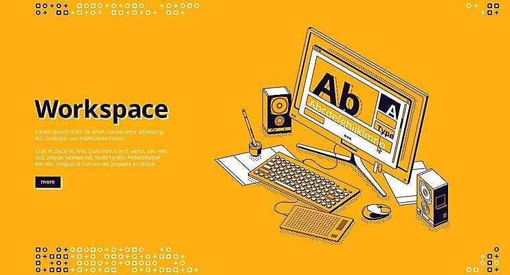 EPS 해외이미지 일러스트 비즈니스 타이포그라피 사람없음 노란색 모니터 스피커 공간 키보드 마우스 업무 작업 아이소메트릭 해외일러스트 문자 컬러 음향기기 컴퓨터 컴퓨터용품 파일형식 벡터 이미지허브