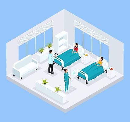 EPS 해외이미지 여자 남자 화분 일러스트 책장 병원 서기 들기 여러명 성인 일상 책 소파 눕기 공간 환자 의사 링거 서랍장 병실 아이소메트릭 링거걸이 병원침대 성인만 해외일러스트 가구 다수 의자 의학 의료기기 모션 사람 라이프 의료진 침대 파일형식 벡터 이미지허브