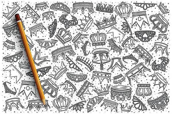 EPS 해외이미지 일러스트 왕관 종류 사람없음 장식 세트 다양 고급 스케치 오브젝트 손그림 스타일 해외일러스트 다수 컨셉 미술 파일형식 벡터 이미지허브