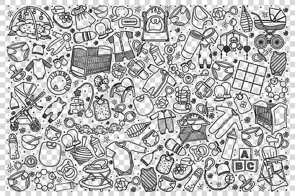 EPS 해외이미지 일러스트 사람없음 세트 장난감 아기용품 젖병 낙서 노리개젖꼭지 라인아트 기저귀 손그림 유모차 아기신발 딸랑이 유아복 모빌 아기의자 아기침대 치발기 해외일러스트 옷 선 신발 의자 침대 오브젝트 파일형식 벡터 이미지허브