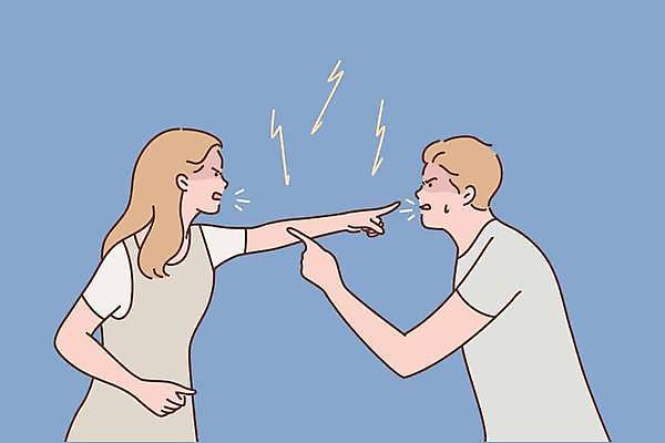 EPS 해외이미지 여자 남자 감정 일러스트 상반신 성인 두명 파란색 가리킴 싸움 부부싸움 성인만 해외일러스트 부부 컬러 모션 사람 손짓 파일형식 벡터 이미지허브