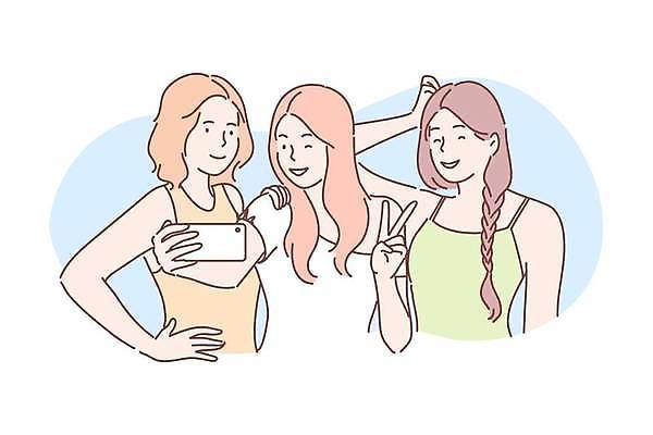 EPS 해외이미지 여자 허리손 포즈 일러스트 함께함 미소 들기 상반신 성인 세명 친구 스마트폰 우정 셀프카메라 브이 성인여자만 해외일러스트 컨셉 관계 모션 표정 사람 손짓 핸드폰 스마트기기 사진촬영 여자만 성인만 파일형식 벡터 이미지허브