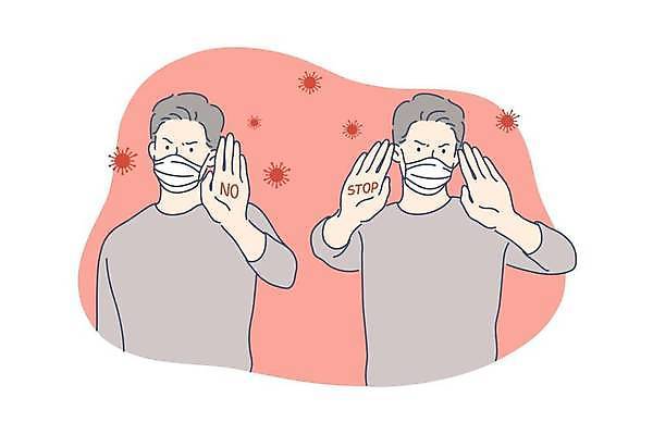 EPS 해외이미지 남자 일러스트 마스크 상반신 성인 두명 손들기 찡그림 바이러스 거절 보여주기 성인남자만 해외일러스트 컨셉 모션 표정 사람 남자만 성인만 파일형식 벡터 이미지허브