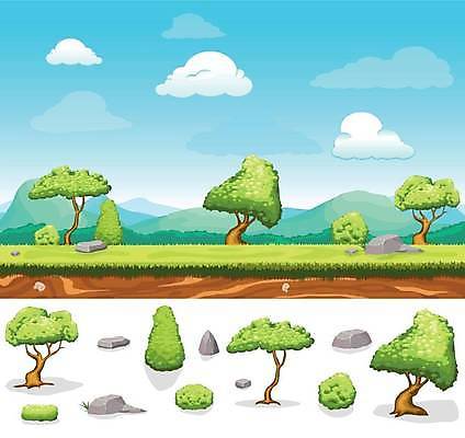 EPS 해외이미지 나무 일러스트 자연 하늘 산 잔디 사람없음 그래픽 세트 다양 게임 돌_바위 해외일러스트 식물 다수 놀이 생태계 파일형식 벡터 이미지허브