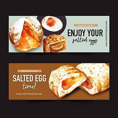 EPS 해외이미지 템플릿 배너 가로배너 빵 일러스트 단면 사람없음 갈색 계란프라이 민트색 슈크림 배너세트 해외일러스트 음식 컬러 가로 세트 계란요리 크림 파일형식 벡터 이미지허브