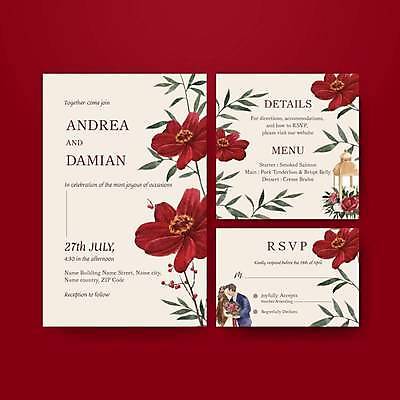 EPS 해외이미지 여자 남자 꽃 결혼 일러스트 키스 상반신 성인 두명 빨간색 청첩장 초대 베이지색 신랑신부 성인만 해외일러스트 식물 신부_웨딩 컬러 신랑 카드_감사 사람 이벤트 애정표현 파일형식 벡터 이미지허브