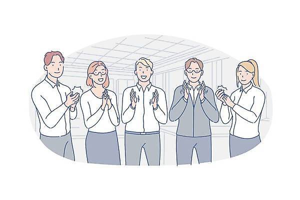 EPS 해외이미지 여자 남자 일러스트 회사 비즈니스 협력 함께함 여러명 상반신 성인 회색 축하 비즈니스맨 비즈니스우먼 박수 성인만 해외일러스트 컬러 다수 컨셉 사람 손짓 직장인 파일형식 벡터 이미지허브