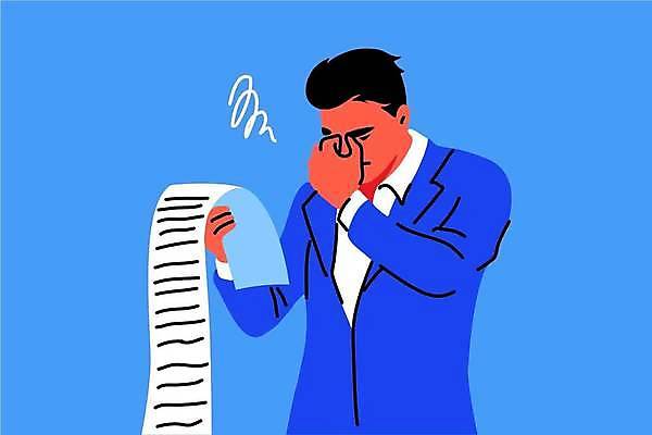 EPS 해외이미지 남자 감정 일러스트 피곤 한명 들기 상반신 성인 파란색 비즈니스맨 영수증 성인남자한명만 해외일러스트 1 컬러 컨셉 비즈니스 모션 사람 금융 직장인 남자한명만 성인남자만 파일형식 벡터 이미지허브