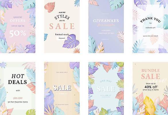 EPS 해외이미지 일러스트 프레임 타이포그라피 사람없음 쇼핑 세트 세일 보라색 반값 열대잎 파스텔톤 해외일러스트 문자 컬러 잎 파일형식 벡터 이미지허브