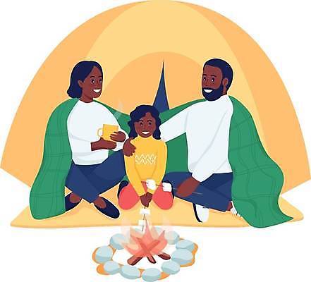 EPS 해외이미지 전신 여자 남자 딸 어린이 일러스트 엄마 텐트 웃음 들기 앉기 성인 세명 캠핑 아빠 찻잔 모닥불 담요 캠핑장 어깨에손 휘두르기 해외일러스트 가족 모션 불 레저 잔 표정 캠핑도구 사람 파일형식 벡터 이미지허브