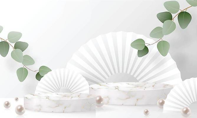 EPS 해외이미지 일러스트 사람없음 3D 흰색 원형 대리석 단상 부채모양 유칼립투스 해외일러스트 모양 도형 식물 컬러 재료 디지털합성 파일형식 벡터 이미지허브