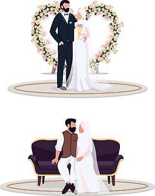EPS 해외이미지 전신 부부 여자 남자 꽃 꽃다발 웨딩드레스 허리손 결혼 일러스트 결혼식 서기 들기 앉기 턱시도 여러명 성인 소파 마주보기 카펫 이슬람교 주머니손 신랑신부 성인만 해외일러스트 식물 커플 드레스 종교 신부_웨딩 포즈 다수 신랑 의자 모션 사람 정장 이벤트 파일형식 벡터 이미지허브