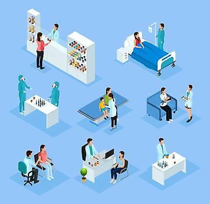 EPS 해외이미지 여자 남자 어린이 의자 일러스트 건강 병원 앉기 소년 여러명 성인 치료 알약 진료 환자 간호사 의료진 의사 실험복 약병 약국 진열장 아이소메트릭 조제 병원침대 약사 해외일러스트 직업 가구 다수 의학 모션 사람 약 침대 가운 만들기 병_담는 파일형식 벡터 이미지허브