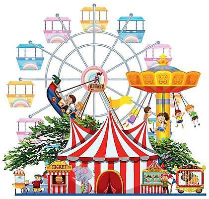 EPS 해외이미지 여자 남자 어린이 두마리 일러스트 공 코끼리 소년 성인 놀이공원 놀이기구 사자 서커스 천막 대관람차 매표소 바이킹 회전그네 해외일러스트 2 포유류 사람 테마파크 파일형식 벡터 이미지허브