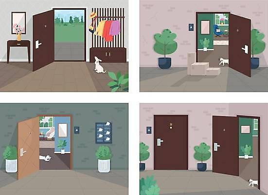 EPS 해외이미지 일러스트 출입구 사람없음 반려동물 문 오픈 현관문 해외일러스트 동물 파일형식 벡터 이미지허브