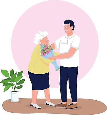 EPS 해외이미지 전신 여자 노년 남자 화분 아들 할머니 분홍색 꽃다발 일러스트 손자 서기 들기 성인 두명 원형 해외일러스트 도형 꽃 컬러 가족 모션 사람 손주 파일형식 벡터 이미지허브