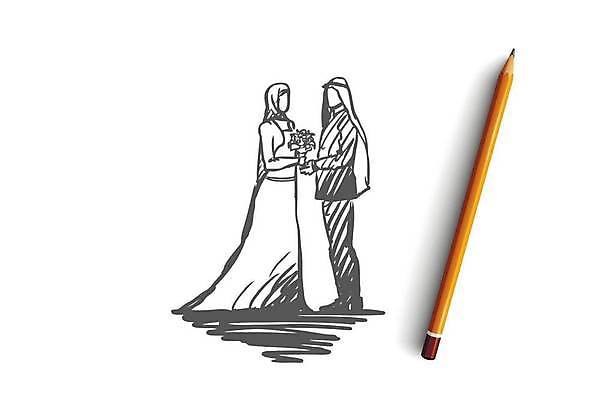 EPS 해외이미지 전신 커플 드레스 여자 남자 부케 결혼 일러스트 결혼식 들기 성인 두명 마주보기 스케치 손그림 중동인 얼굴없음 성인만 해외일러스트 외국인 옷 꽃다발 관계 모션 미술 사람 이벤트 파일형식 벡터 이미지허브