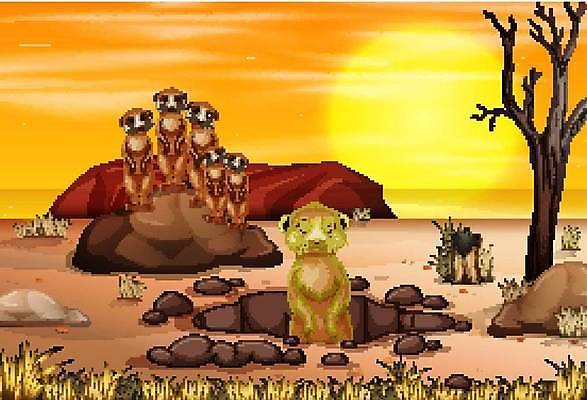 EPS 해외이미지 클립아트 동물 캐릭터 야생동물 백그라운드 밭 오렌지 일러스트 포유류 아프리카 자연 하늘 생물 산 동물원 미술 풍경 야외 그래픽 빛 태양 일출 환경 일몰 구멍 만화 땅 사파리 그림 장면 리빙 내추럴 동물상 땅바닥 미어캣 사바나 해외일러스트 일러캐릭터 자연요소 나라 농업 과일 문화예술 바닥 조형물 노을 생태계 파일형식 벡터 이미지허브