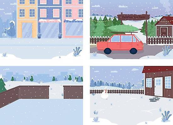 EPS 해외이미지 나무 겨울 일러스트 자동차 주택 사람없음 건물 도시 겨울풍경 해외일러스트 식물 건축물 계절 육상교통 풍경 파일형식 벡터 이미지허브