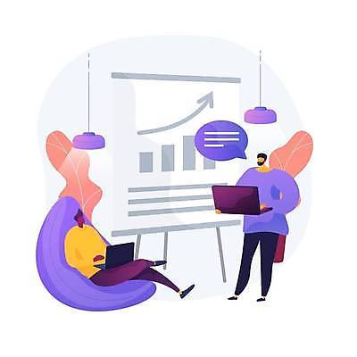 EPS 해외이미지 전신 남자 쿠션 일러스트 비즈니스 회의 그래프 전등 대화 앉기 성인 두명 노트북 자료 상승 성인남자만 해외일러스트 컨셉 모션 조명 말하기 사람 전자제품 남자만 성인만 파일형식 벡터 이미지허브