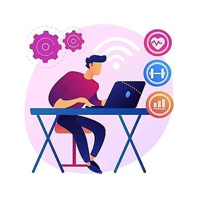 EPS 해외이미지 전신 남자 의자 일러스트 한명 앉기 성인 노트북 디지털 타이핑 톱니바퀴 원격의료 성인남자한명만 디지털라이프 해외일러스트 1 라이프스타일 가구 의학 모션 사람 전자제품 진료 원격 남자한명만 성인남자만 파일형식 벡터 이미지허브