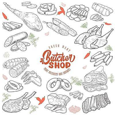 EPS 해외이미지 일러스트 육류 돼지고기 사람없음 닭고기 소고기 소시지 스케치 햄 양고기 정육점 해외일러스트 식재료 미술 상점 가공식품 파일형식 벡터 이미지허브