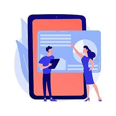 EPS 해외이미지 전신 여자 남자 일러스트 비즈니스 그래프 들기 성인 두명 태블릿 스크린 자료 가리킴 성인만 해외일러스트 모션 사람 손짓 전자제품 스마트기기 파일형식 벡터 이미지허브