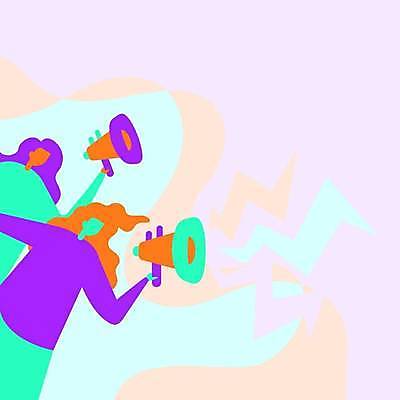 EPS 해외이미지 디자인 여자 백그라운드 일러스트 대화 들기 상반신 성인 두명 확성기 외침 잡기 발표 메시지 성인여자만 카피스페이스 해외일러스트 모션 말하기 사람 소리 공백 여자만 성인만 파일형식 벡터 이미지허브