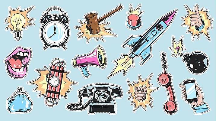 EPS 해외이미지 손 디자인 스티커 일러스트 전구 미술 들기 신체부위 스마트폰 세트 유행 확성기 로켓 자명종 가리킴 최고 입 유머 지갑 망치 폭탄 전화기 입술 수화기 팝아트 코믹 의사봉 카툰스타일 다이너마이트 팝 해외일러스트 감정 시계 모션 문화예술 사람 손짓 핸드폰 스마트기기 알람 공구 폭발물 그림 파일형식 벡터 이미지허브