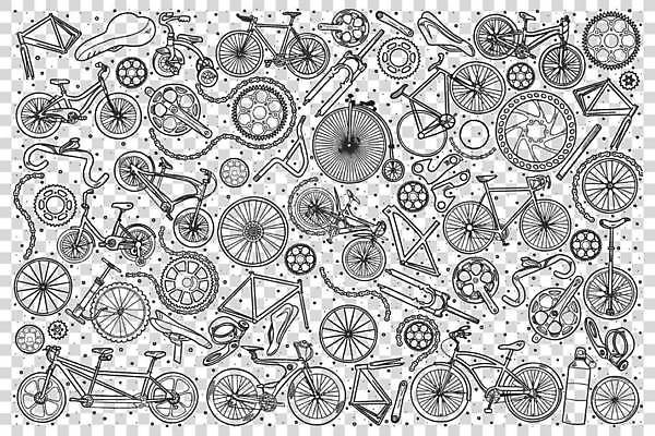 EPS 해외이미지 일러스트 사람없음 세트 자전거 낙서 물통 라인아트 손그림 안장 외발자전거 자전거바퀴 자전거부품 자전거체인 3인용자전거 해외일러스트 선 바이크 부속품 파일형식 벡터 이미지허브