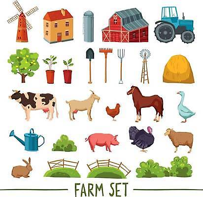 EPS 해외이미지 나무 화분 여러마리 일러스트 염소 주택 사람없음 농장 농사 풍차 토끼 닭 양 돼지 볏짚 농기구 삽 젖소 트랙터 거위 칠면조 외양간 갈퀴 사일로 해외일러스트 식물 다수 농업 포유류 조류 건물 반려동물 소 짚 농기계 특수차량 파일형식 벡터 이미지허브