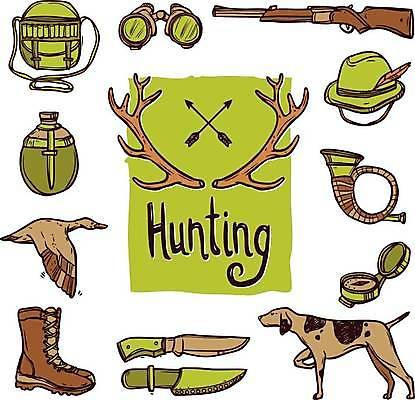 EPS 해외이미지 모자 디자인 가방 일러스트 화살 오리 부츠 사람없음 연두색 갈색 쌍안경 망원경 총 칼 나침반 스케치 물통 심볼 나팔 오브젝트 사냥 사냥개 사슴뿔 사냥도구 해외일러스트 잡화 무기 악기 컬러 신발 조류 뿔 미술 초록색 도구 개 파일형식 벡터 이미지허브