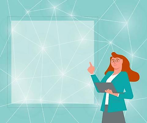 EPS 해외이미지 디자인 여자 백그라운드 일러스트 비즈니스 한명 서기 들기 성인 파란색 노트북 가리킴 비즈니스우먼 성인여자한명만 안경낌 카피스페이스 해외일러스트 1 안경 컬러 모션 사람 손짓 전자제품 공백 직장인 여자한명만 성인여자만 파일형식 벡터 이미지허브