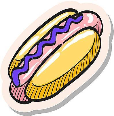 EPS 해외이미지 스티커 일러스트 사람없음 보라색 심볼 핫도그 연노랑색 해외일러스트 음식 컬러 패스트푸드 노란색 파일형식 벡터 이미지허브