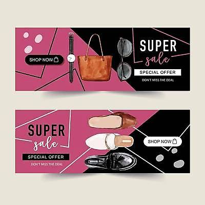 EPS 해외이미지 템플릿 배너 가로배너 구두 일러스트 사람없음 쇼핑 선글라스 세일 보라색 검은색 핸드백 손목시계 로퍼 배너세트 해외일러스트 안경 시계 컬러 신발 가방 장신구 가로 세트 파일형식 벡터 이미지허브