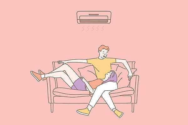 EPS 해외이미지 커플 여자 남자 분홍색 쿠션 일러스트 비즈니스 함께함 앉기 성인 소파 눕기 다리꼬기 에어컨 무릎베개 성인만 해외일러스트 컬러 컨셉 의자 관계 모션 사람 가전제품 파일형식 벡터 이미지허브