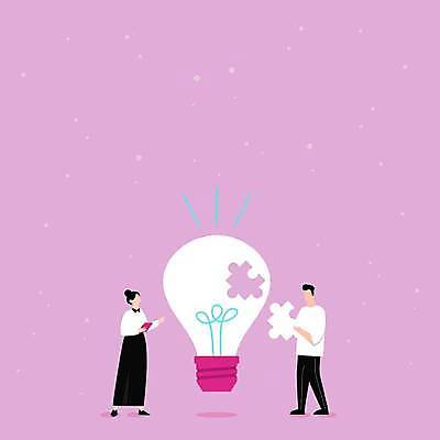 EPS 해외이미지 여자 남자 분홍색 백그라운드 컨셉 일러스트 비즈니스 전구 프레임 들기 성인 두명 비즈니스맨 비즈니스우먼 플랫 퍼즐조각 해결 얼굴없음 성인만 카피스페이스 브레인스토밍 해외일러스트 컬러 조각 모션 사람 공백 직장인 퍼즐 파일형식 벡터 이미지허브