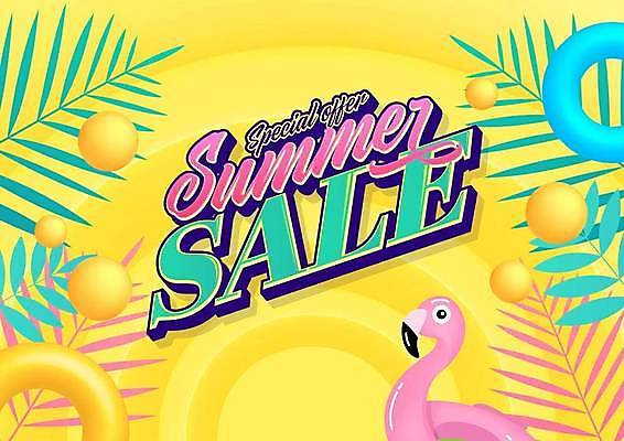 EPS 해외이미지 식물 잎 일러스트 이벤트 타이포그라피 사람없음 노란색 세일 원형 튜브 시즌오프 플라밍고튜브 해외일러스트 도형 문자 컬러 파일형식 벡터 이미지허브